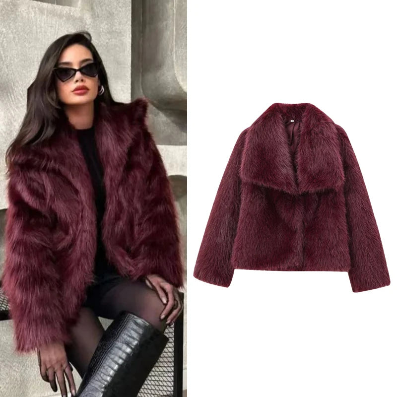 Women's Fur Coat Burgundy Bomber Jacket