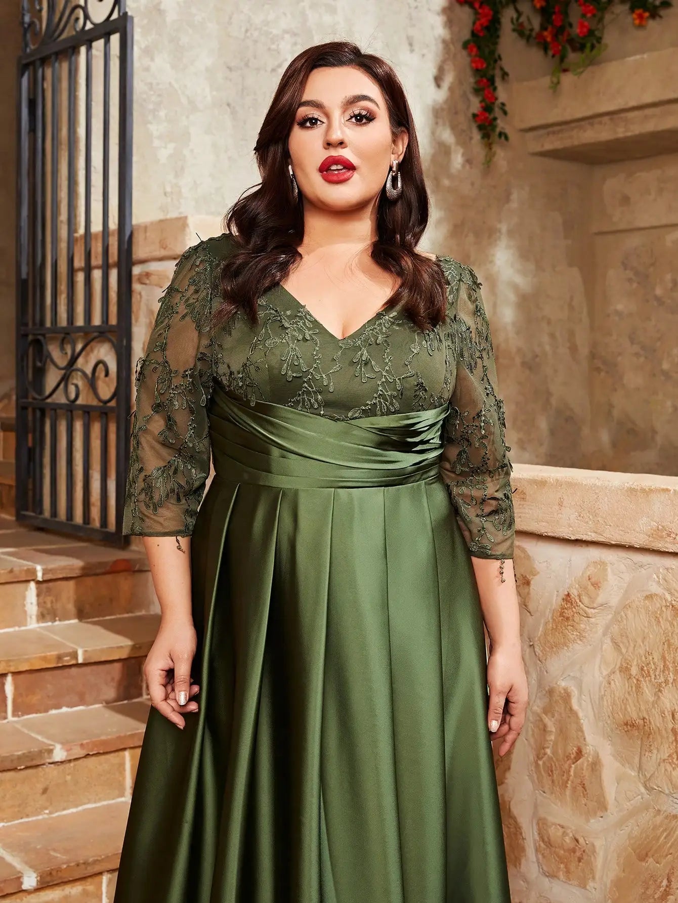 plus size V-neck lace embroidery Mosaic satin  dress Party dress