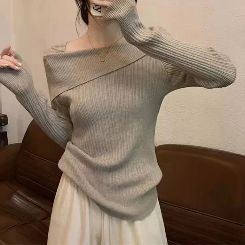 Solid Sexy Slim Off Shoulder Slash Neck Long Sleeve Sweater