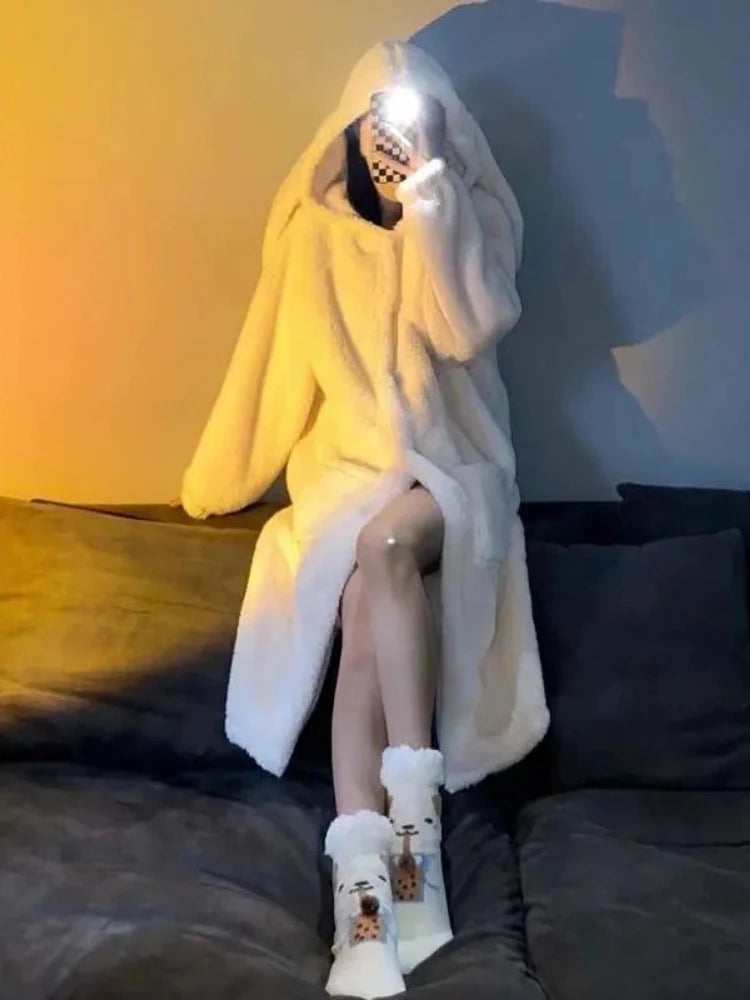 White Robes Women Rabbit-ears Hooded Sleepwear