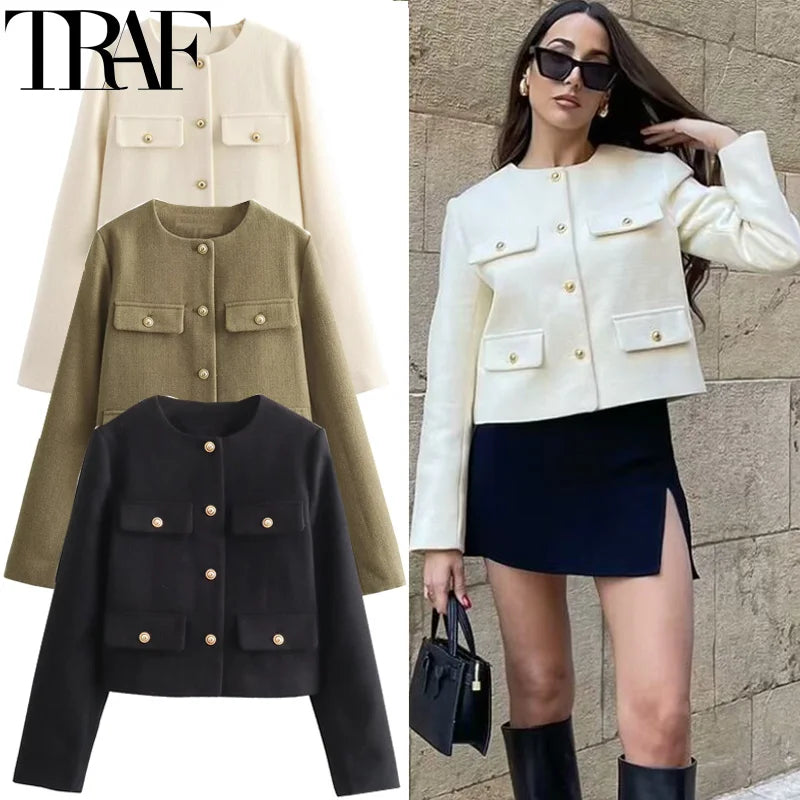 TRAF Woman Outerwears  Long Sleeve Cropped Jacket