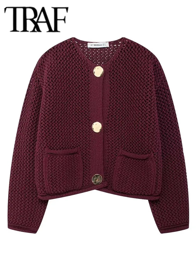 TRAF Autumn Winter Knitted Cardigans  Casual Button Long Sleeve