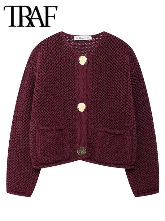 TRAF Autumn Winter Knitted Cardigans  Casual Button Long Sleeve