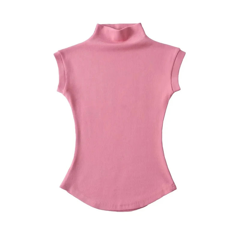 Sexy Turtleneck Sleeveless T-Shirts Tops Solid Slim