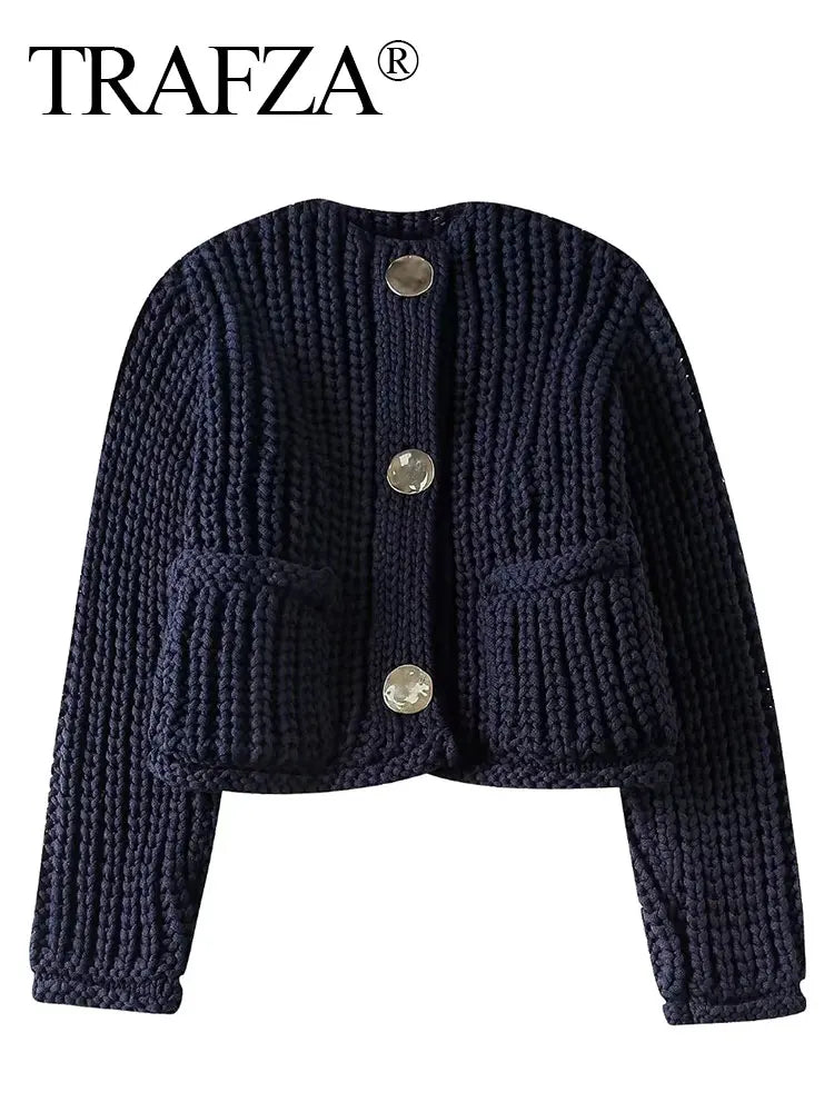 TRAFZA Knitted Cardigan For Women Casual Button O-Neck Long Sleeve