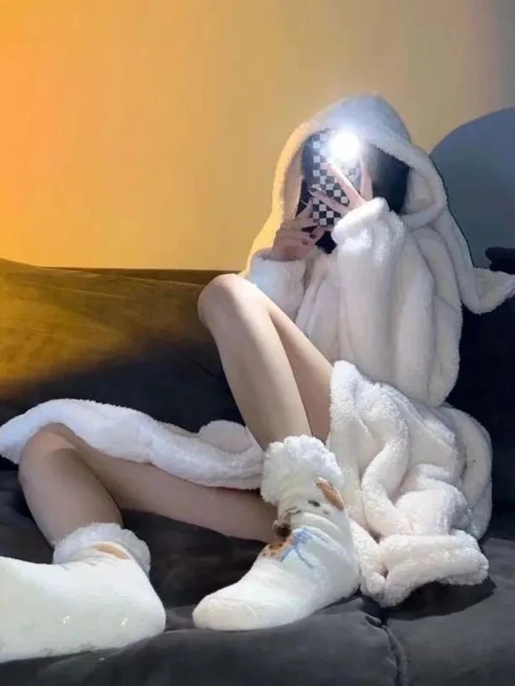 White Robes Women Rabbit-ears Hooded Sleepwear