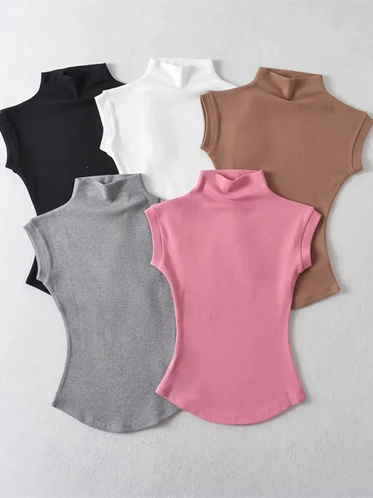 Sexy Turtleneck Sleeveless T-Shirts Tops Solid Slim