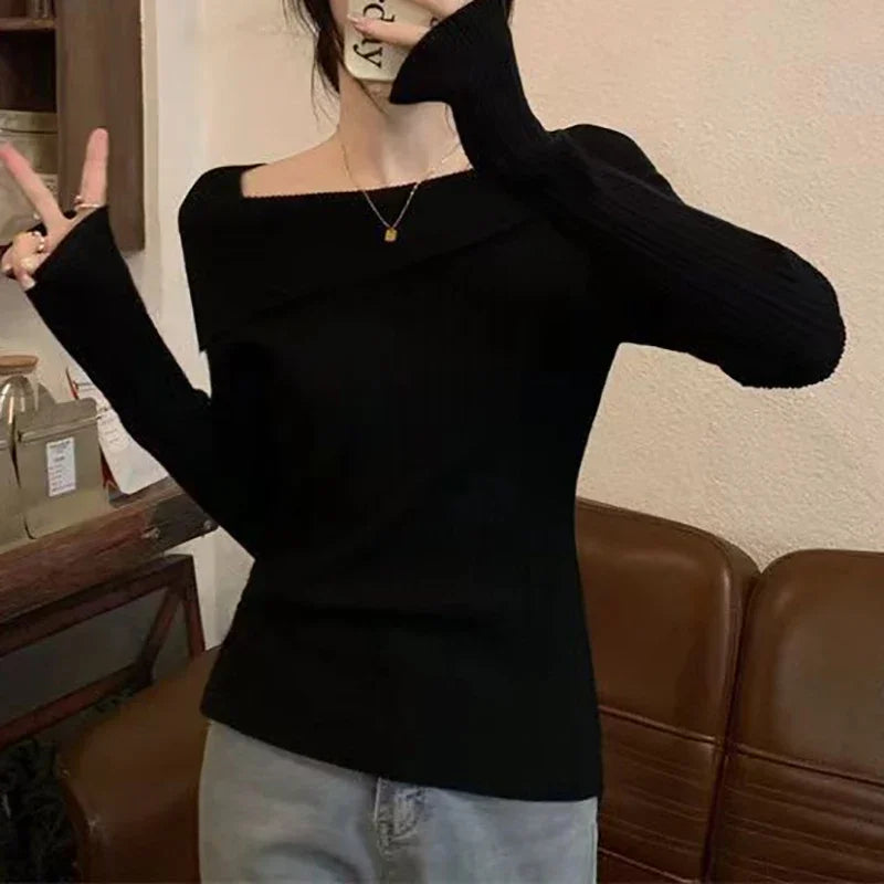 Solid Sexy Slim Off Shoulder Slash Neck Long Sleeve Sweater