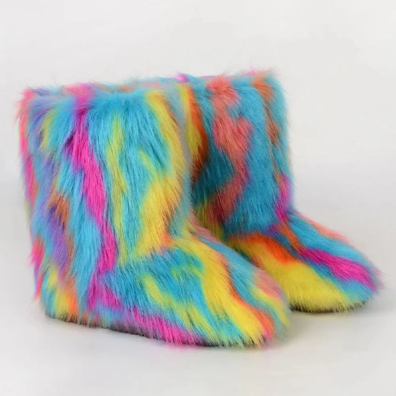 Y2K Fluffy Mid-calf Boots Winter Women Fashion Snow Boots Warm Cotton Shoes