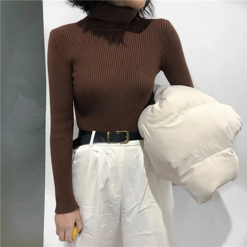 Thick Sweater Women Knitted Ribbed Pullover Long Sleeve