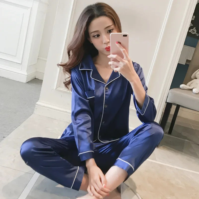 1 Set Ladies Simulation Silk Sexy Long Sleeve Pajamas