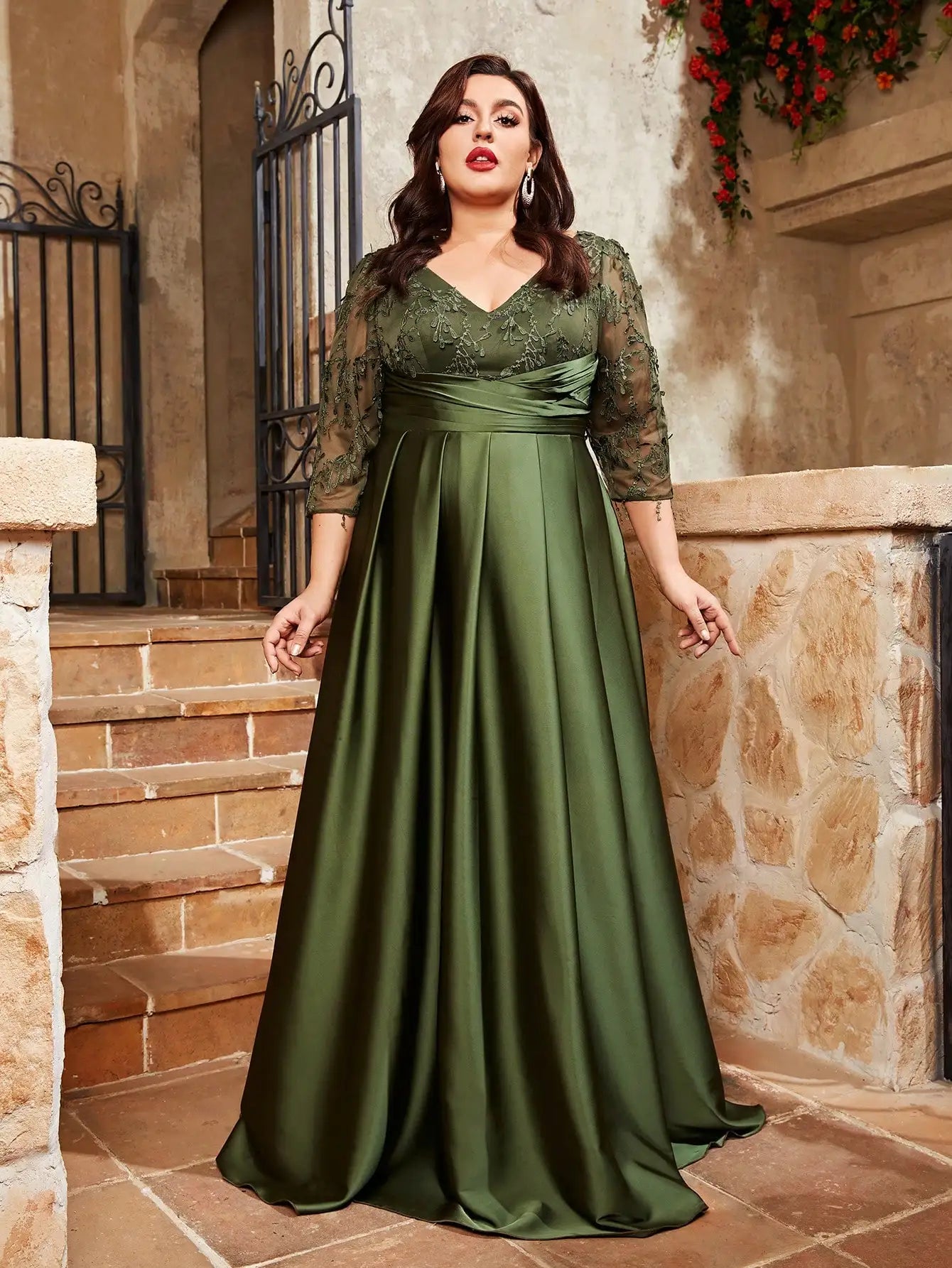 plus size V-neck lace embroidery Mosaic satin  dress Party dress