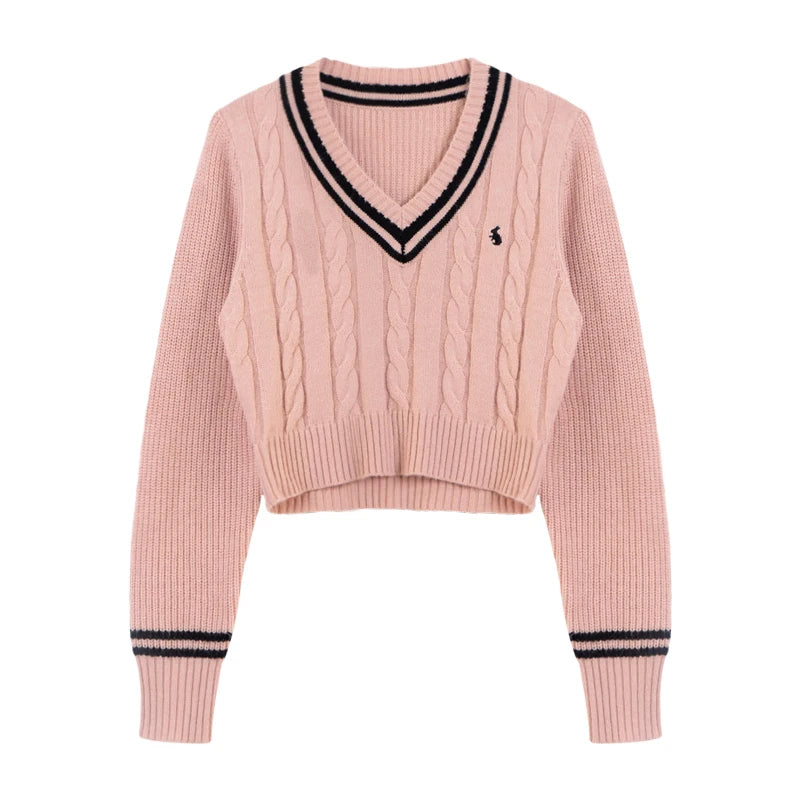 V-neck Y2K Cartoon Knitted Tops Winter Soft Basic Long Sleeve Pullovers