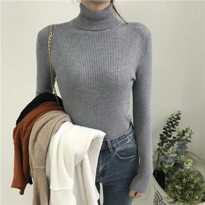 Thick Sweater Women Knitted Ribbed Pullover Long Sleeve