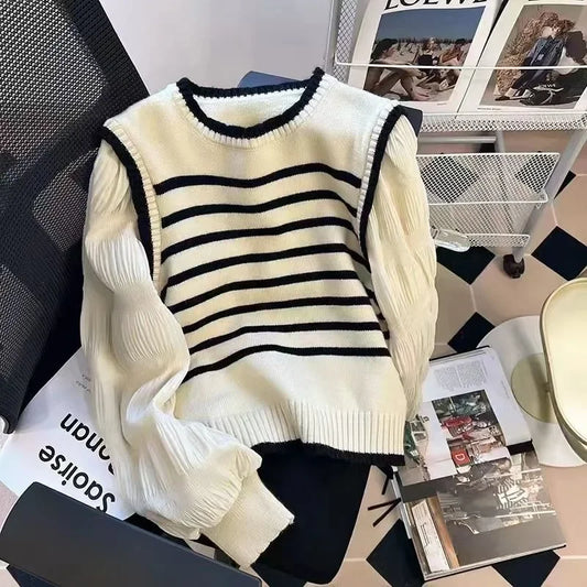 women Black and white striped fake two-piece knitted sweaters