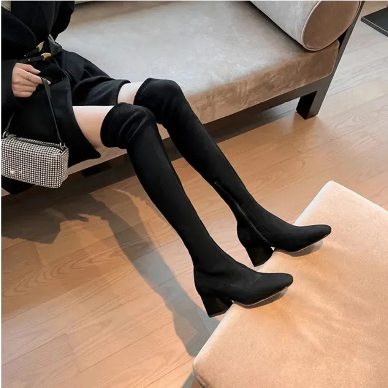 Elastic Long Faux Suede Boots Woman Over-the-knee Boots