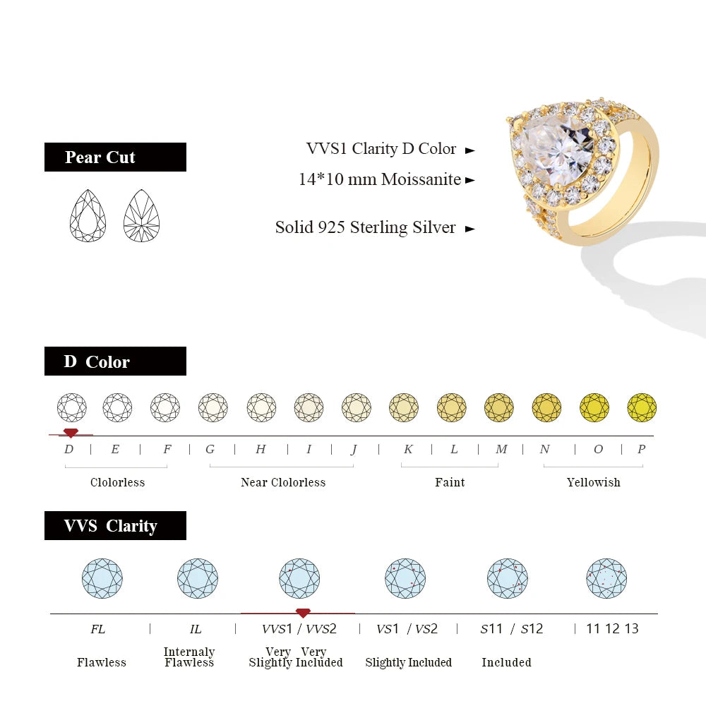 Moissanite Rings D VVS1 Pear Cut Lab Diamond 925 Silver 18K Gold Plated Luxury Jewelry for Women