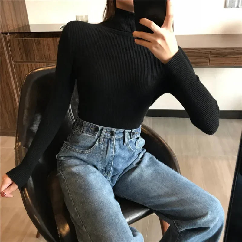 Thick Sweater Women Knitted Ribbed Pullover Long Sleeve