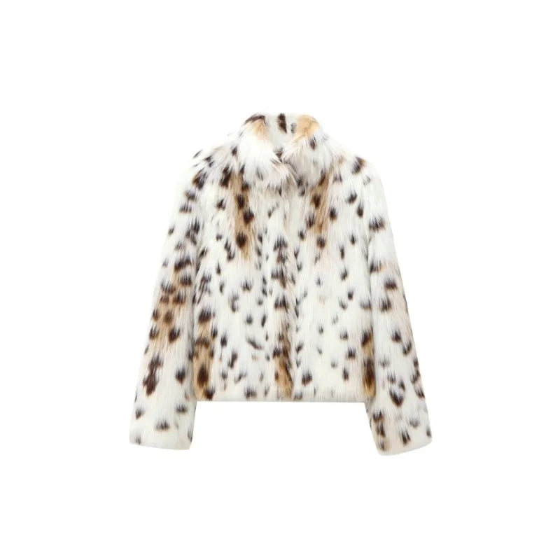 Women Leopard Faux Fur Loose Jacket Warm Long Sleeve