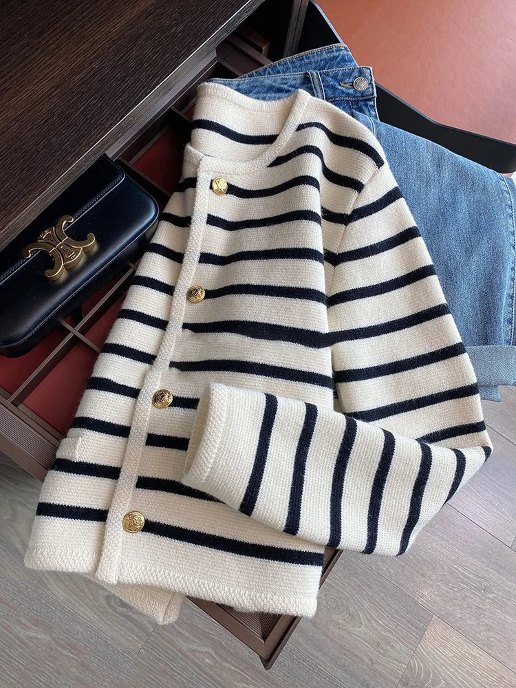 Sweaters O-neck Stripe Knitted Cardigan Fashion Long Sleeve