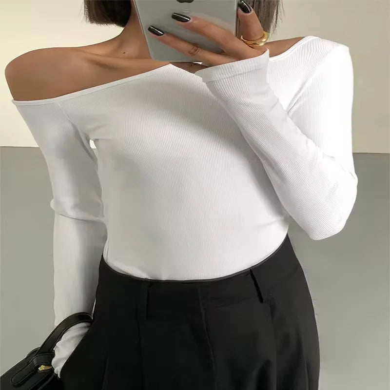 Collar Off-shoulder Long-sleeved T-shirts Women