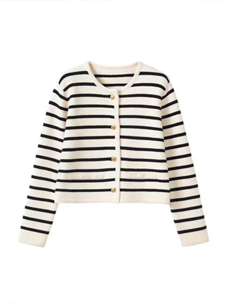 Sweaters O-neck Stripe Knitted Cardigan Fashion Long Sleeve