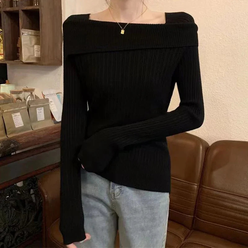 Solid Sexy Slim Off Shoulder Slash Neck Long Sleeve Sweater