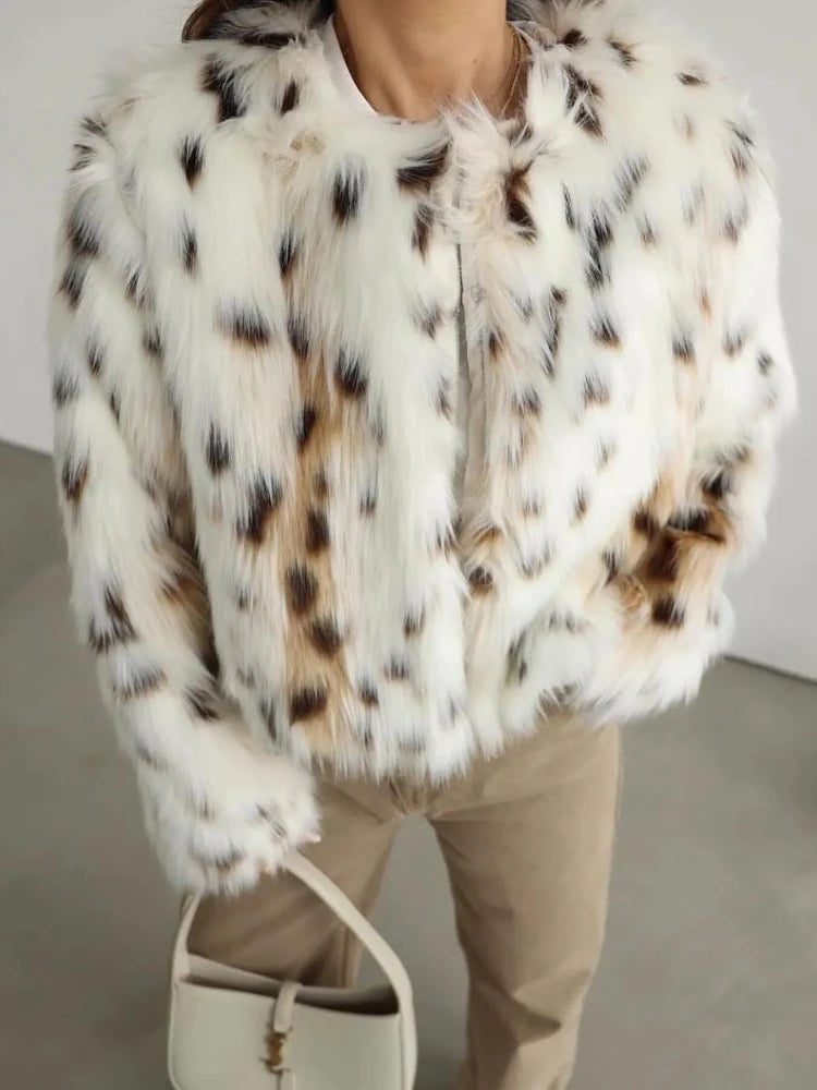 Women Leopard Faux Fur Loose Jacket Warm Long Sleeve