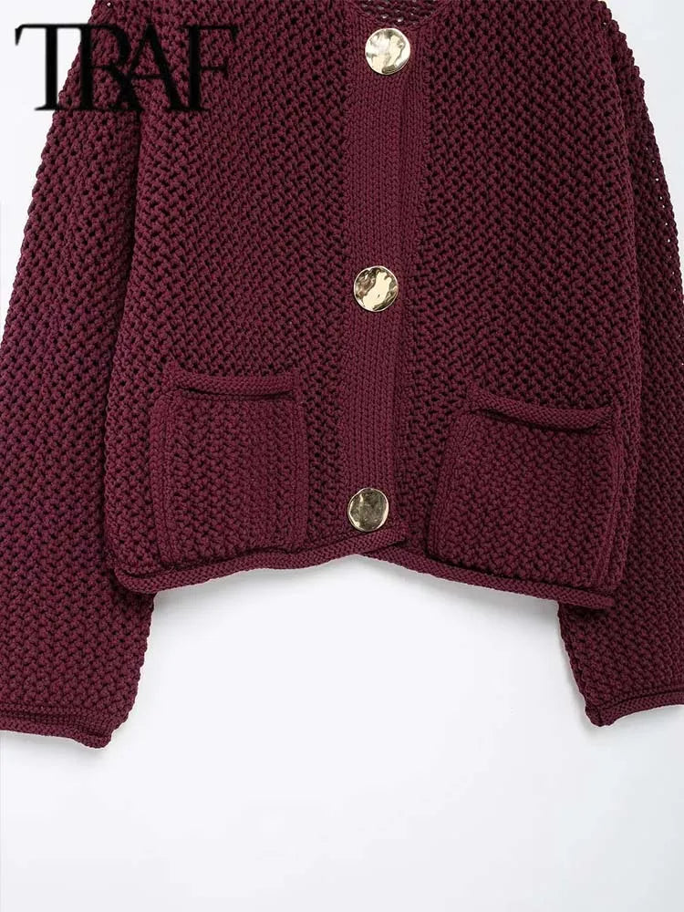 TRAF Autumn Winter Knitted Cardigans  Casual Button Long Sleeve