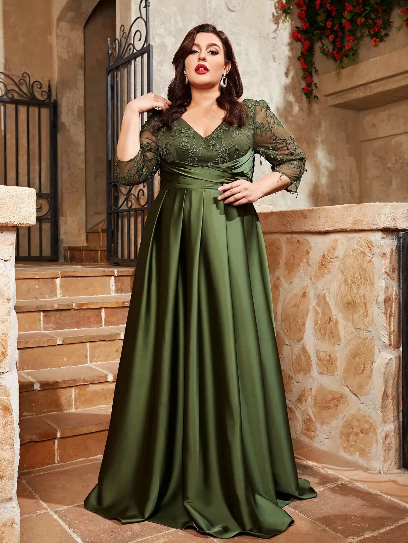 plus size V-neck lace embroidery Mosaic satin  dress Party dress