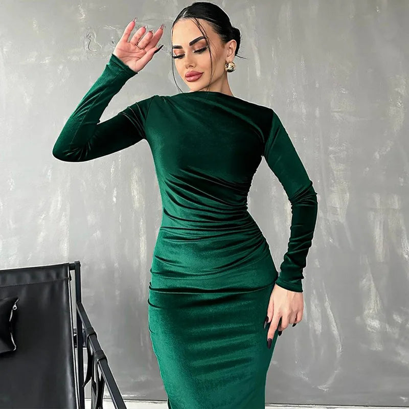 Velvet Long Sleeve Midi Dress