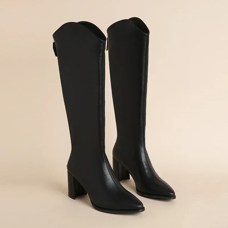 Women Boots Zipper Thick High Heels Simple High Botas