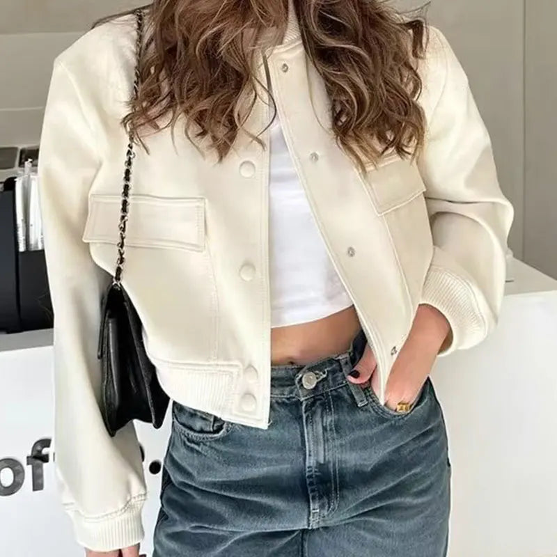 Jacket Coat White Button Baseball Aviator Long Sleeve Crop Outerwear