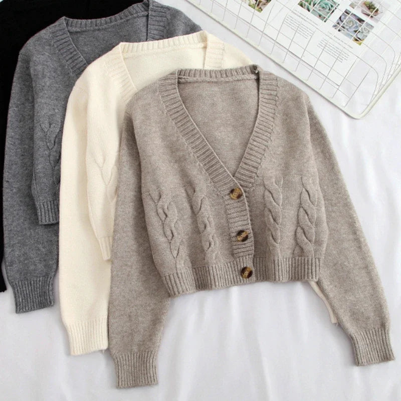 V Neck Cropped Cardigan Women Long Sleeve Twist Knitted Sweater Coats