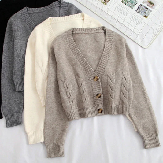 V Neck Cropped Cardigan Women Long Sleeve Twist Knitted Sweater Coats