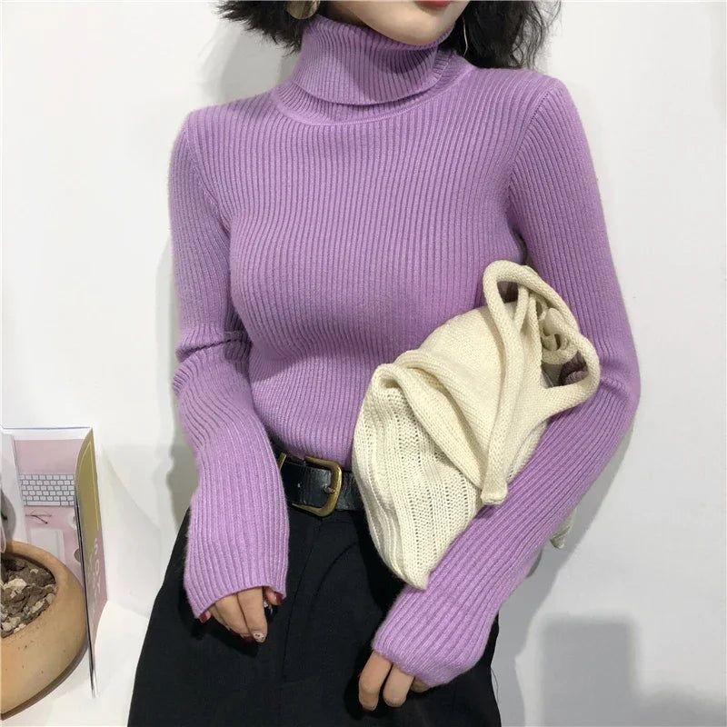 Thick Sweater Women Knitted Ribbed Pullover Long Sleeve