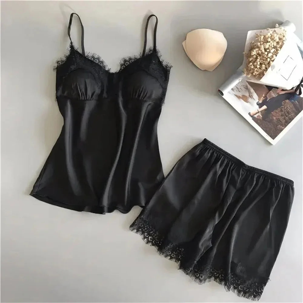 Two PCS  V-Neck Sexy Lace Pajama Set