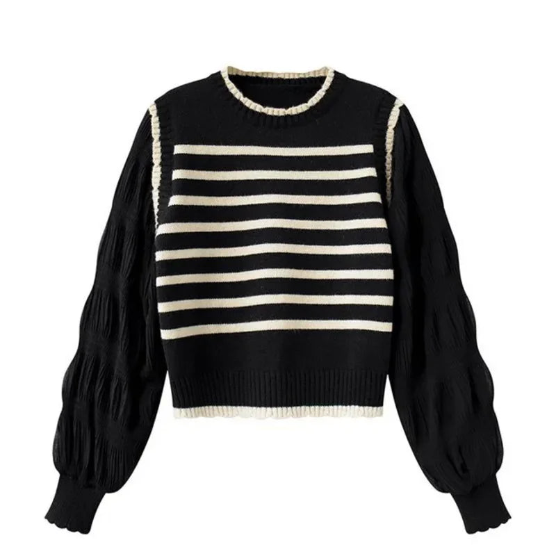 women Black and white striped fake two-piece knitted sweaters