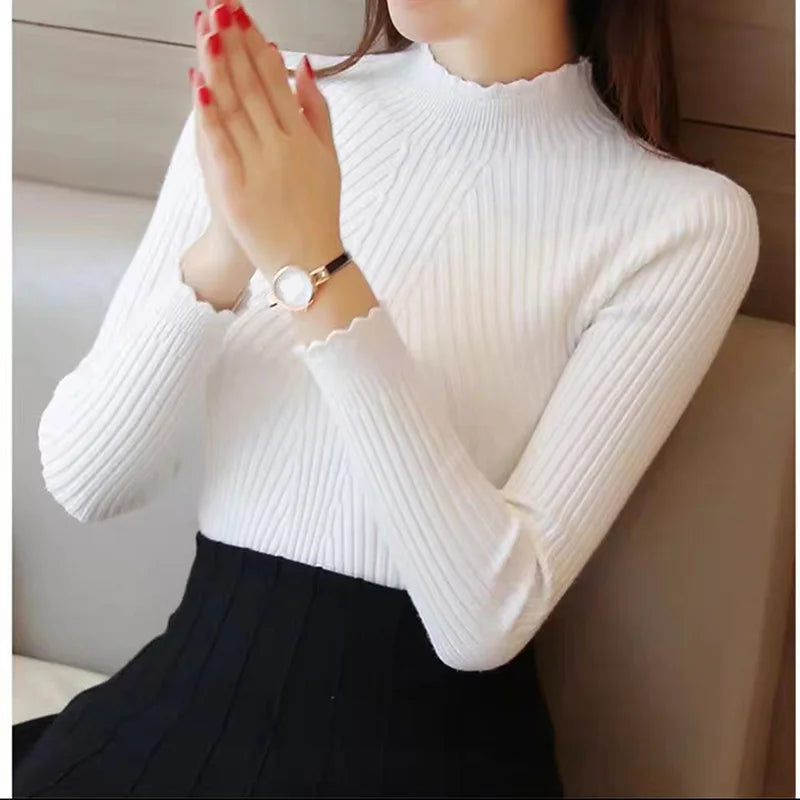 EVNISI Autumn Women Mock Neck Ruffles Sweater Long Sleeve