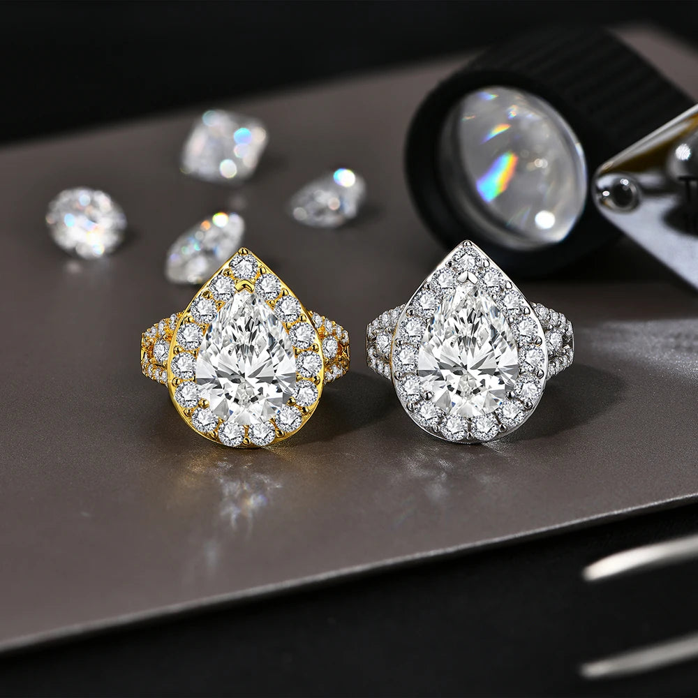 Moissanite Rings D VVS1 Pear Cut Lab Diamond 925 Silver 18K Gold Plated Luxury Jewelry for Women