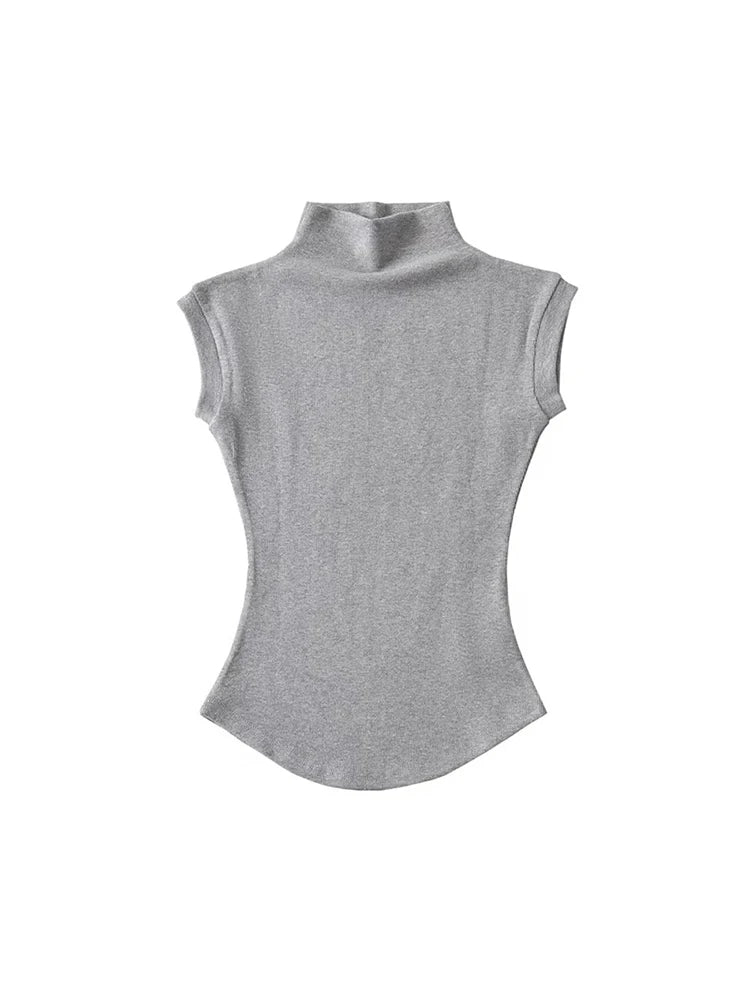 Sexy Turtleneck Sleeveless T-Shirts Tops Solid Slim