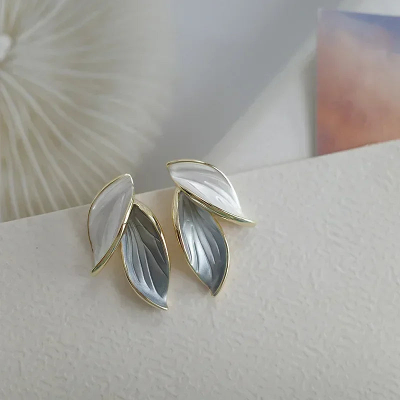 Grey Leaf Stud Earrings for Women 2024 Fashion Jewelry