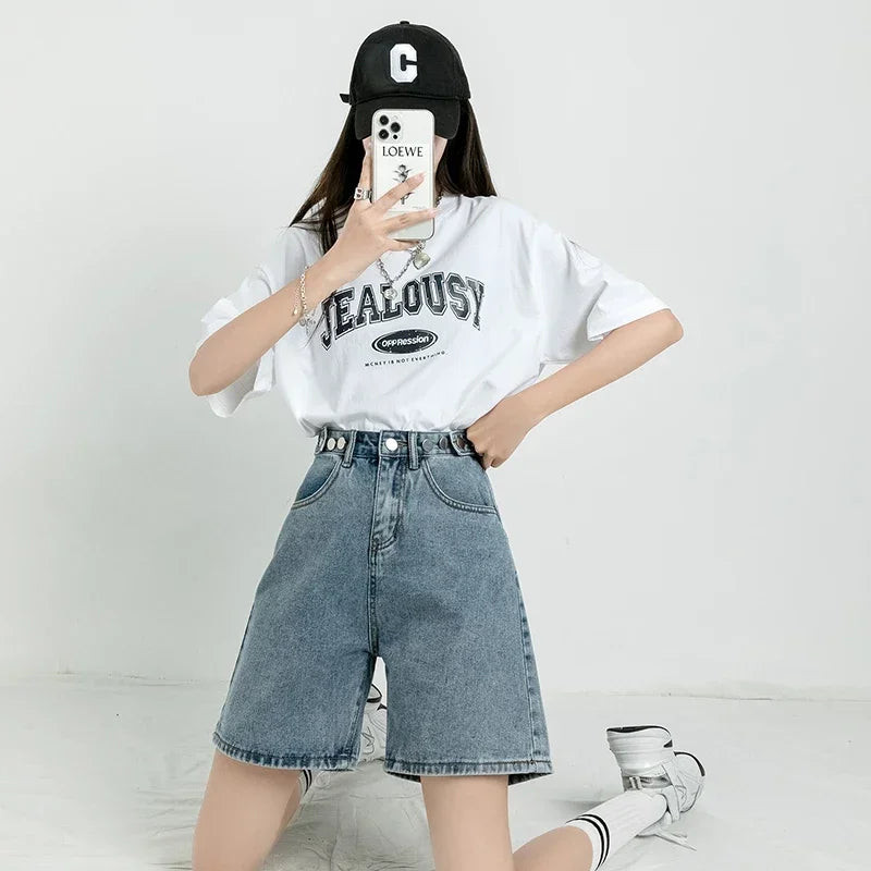 Belted Shorts Jeans Women Baggy