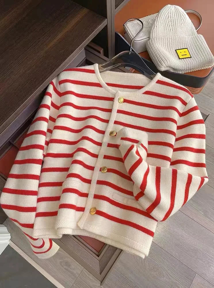 Sweaters O-neck Stripe Knitted Cardigan Fashion Long Sleeve