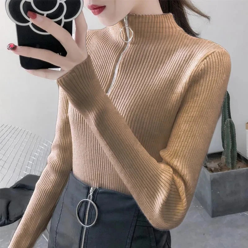 Knitted Women Zipper Half High Neck Sweater