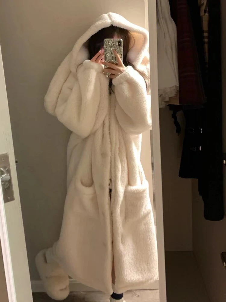 White Robes Women Rabbit-ears Hooded Sleepwear