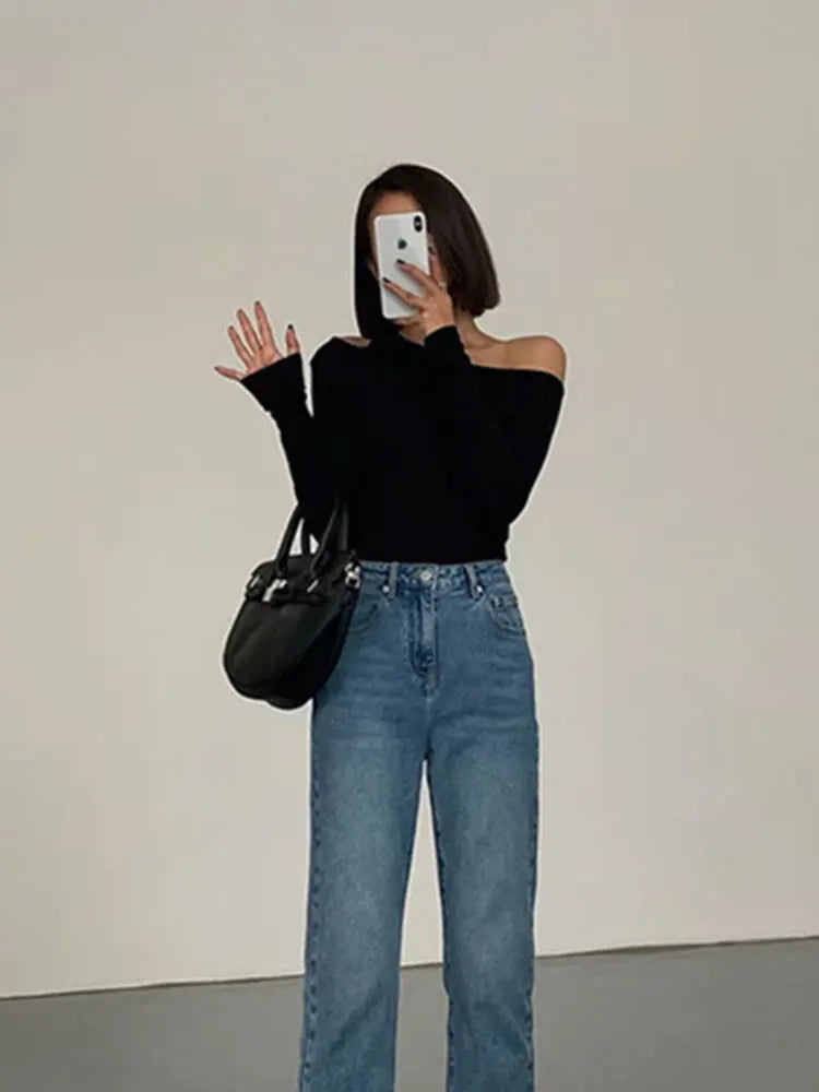 Collar Off-shoulder Long-sleeved T-shirts Women