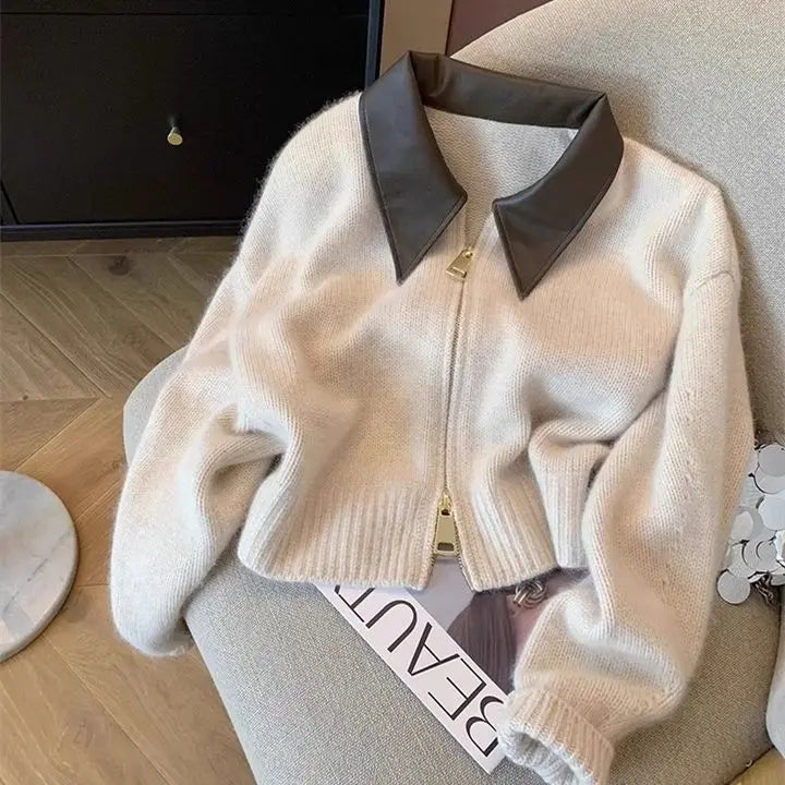 Collar Knit Sweater Fashion Double Zipper Cardigan