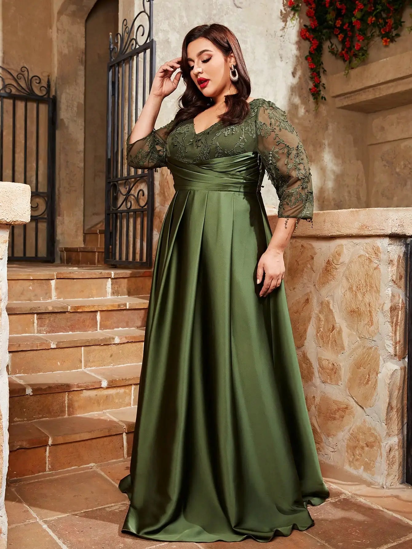 plus size V-neck lace embroidery Mosaic satin  dress Party dress