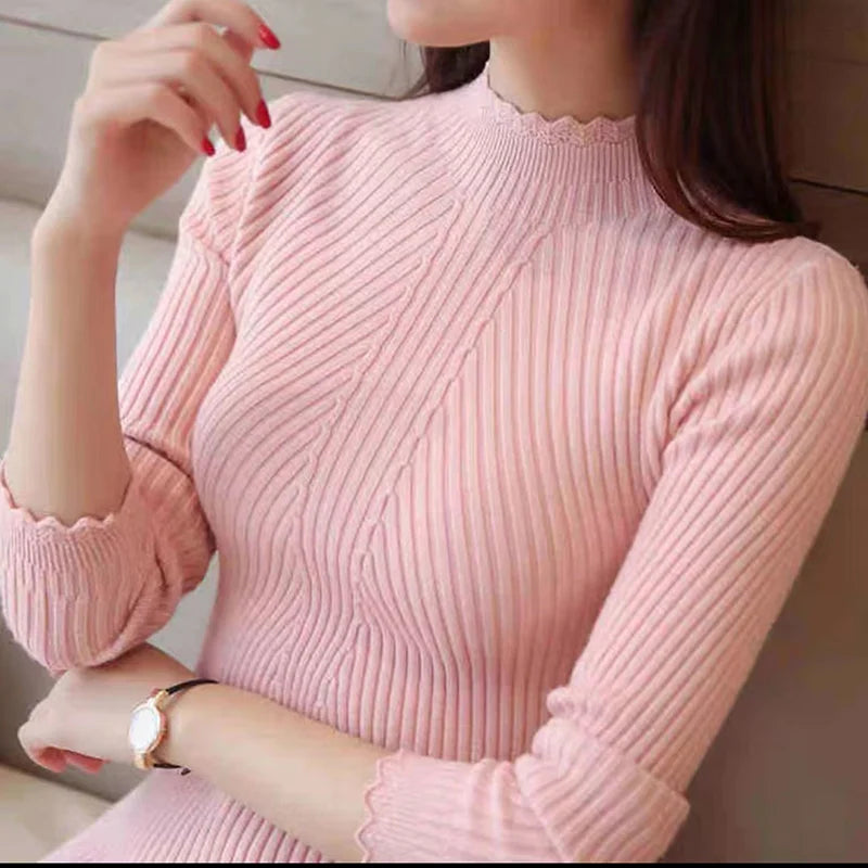 EVNISI Autumn Women Mock Neck Ruffles Sweater Long Sleeve